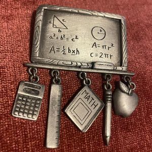 JJ Vintage pewter math‎ teacher dangling brooch shoulder pin calculator ruler